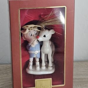 Lenox Festive Rudolph and Hermey Ornament in Blue and Gold